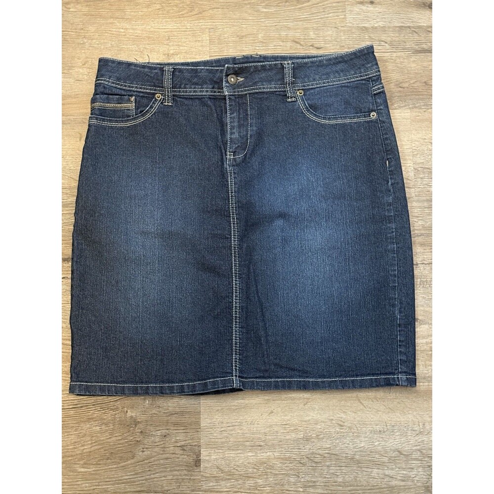 Baccini Denim Midi Skirt Size 16 Blue ALine Stretch Pockets Stitching 16